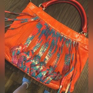 Y2k katherine kwei reptile skin bag Rare spring boho fringe orange blue spring
